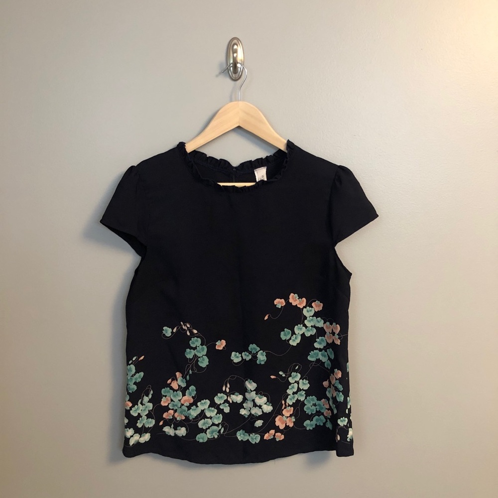 Dark Navy Blouse with Floral Accents